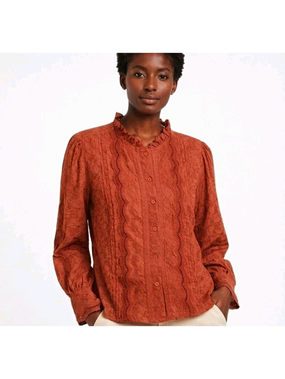 Calypso St. Barth Women’s Orange Floral Ruffle Neck Lace Button Blouse L